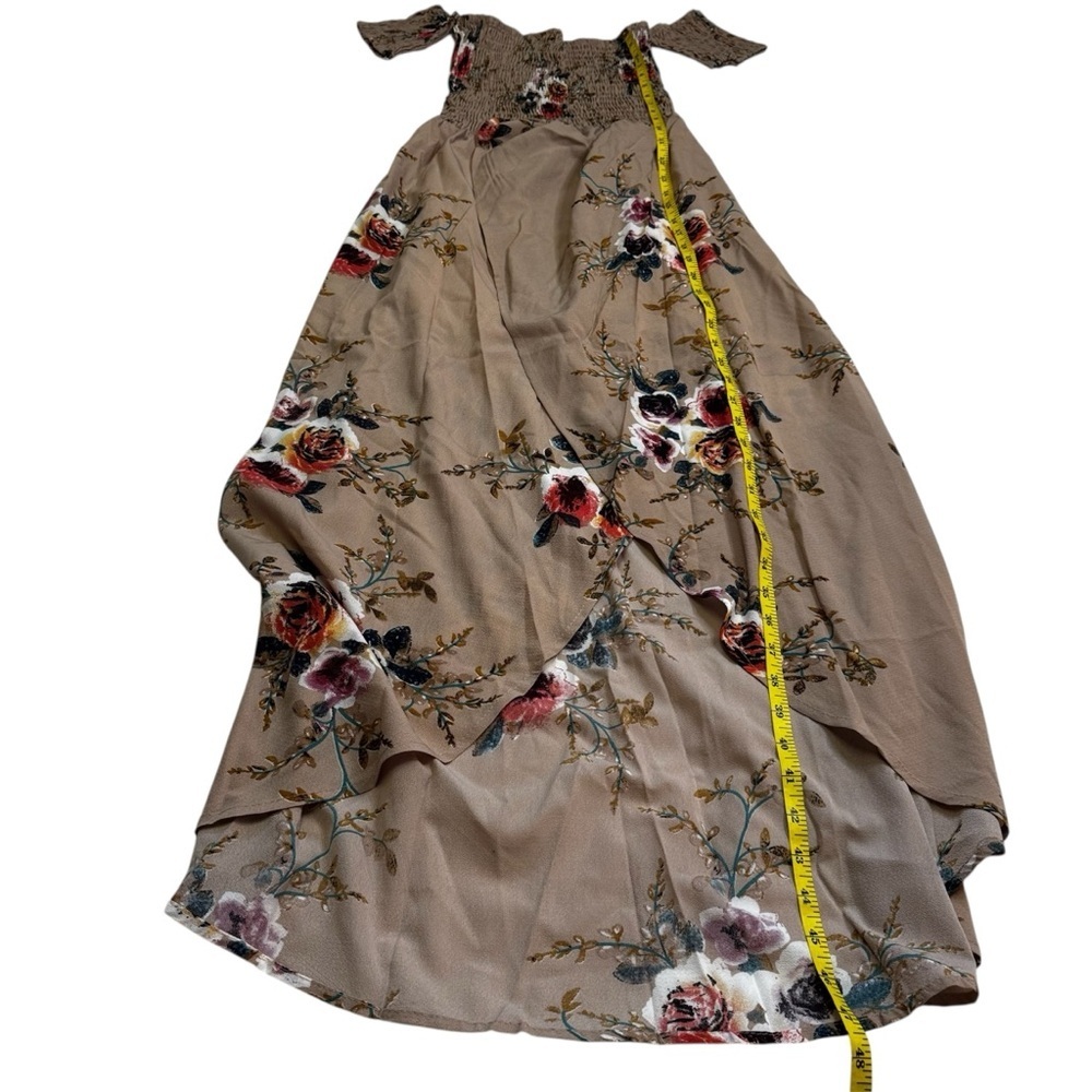 Floral On Off-Shoulder Boho Chiffon Maxi Dress Size S Tan Slit Split Front NWOT - Picture 9 of 12